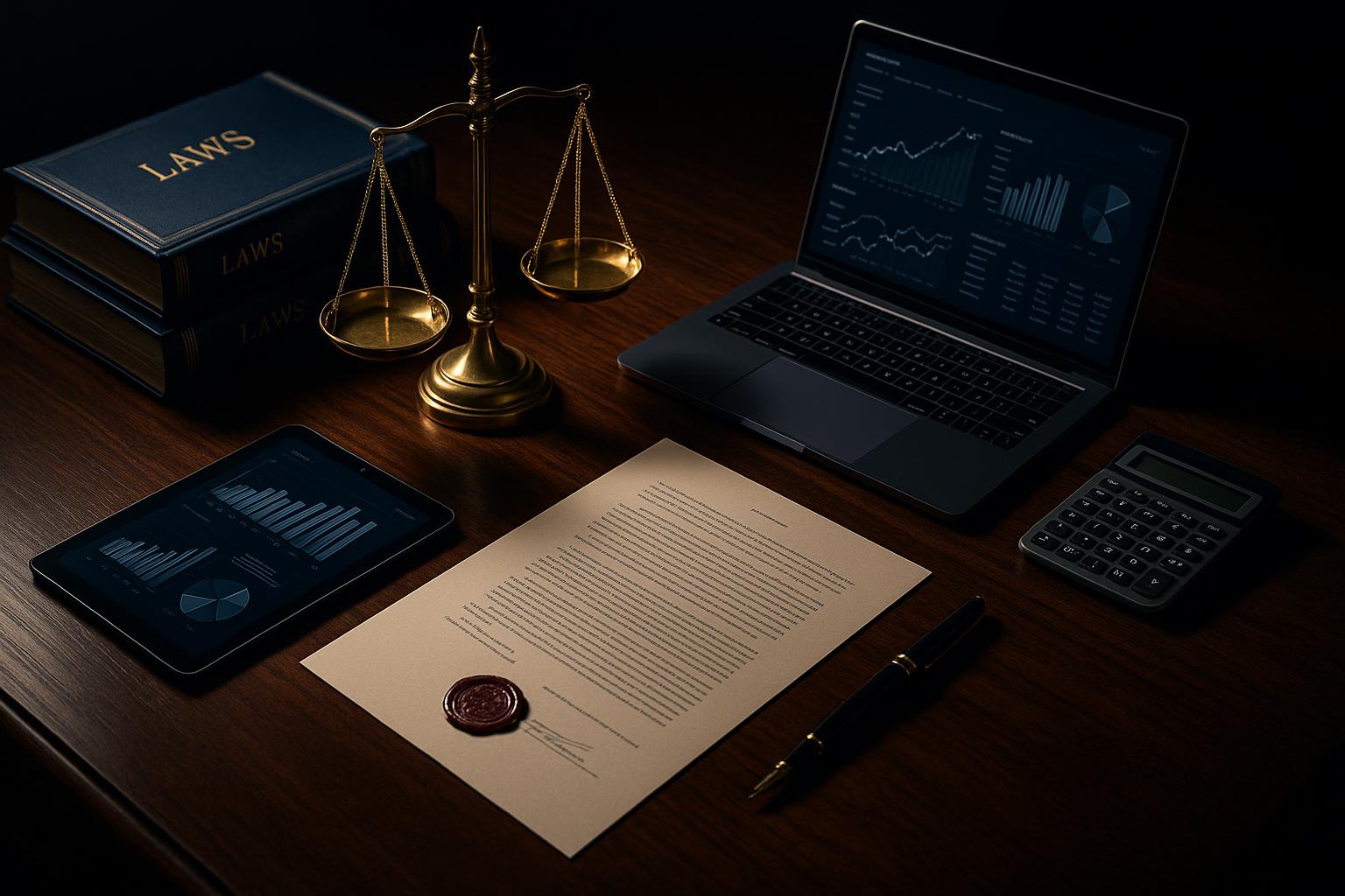 Studio legale fiscale professionale - Bilancia della giustizia, documenti legali e analisi finanziarie